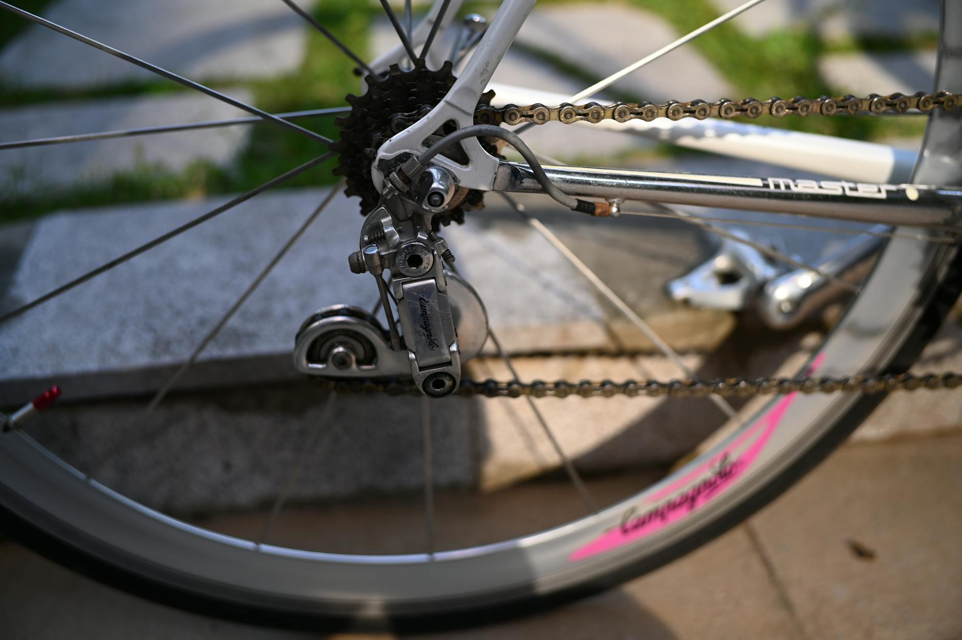 Zbliżenie na zębatkę i łańcuch roweru podczas jazdy w słońcu