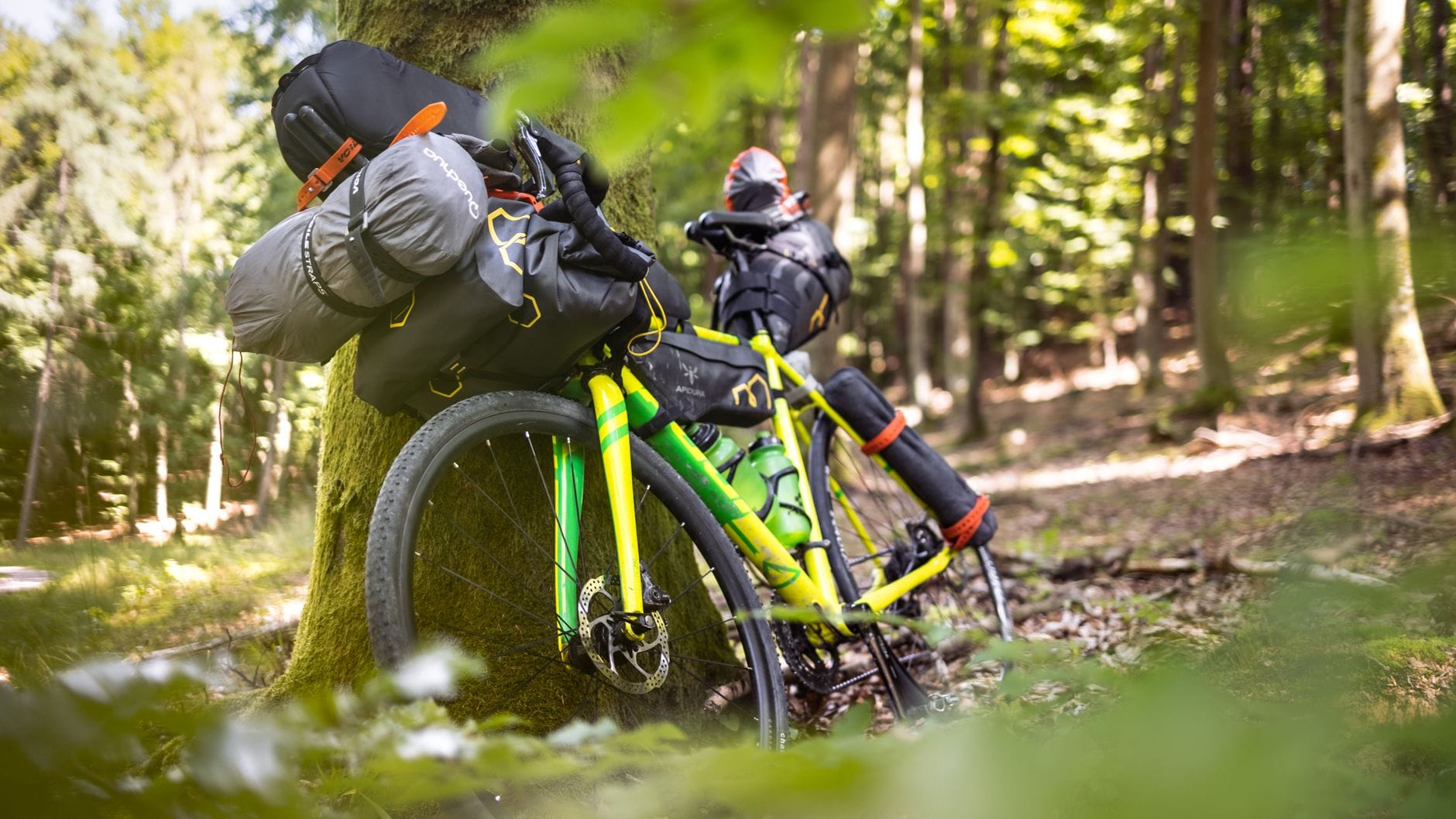 Zielony rower do bikepackingu z sakwami oparty o drzewo w gęstym lesie